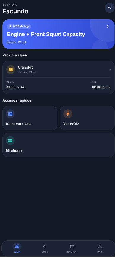 El alumno abre la app y ve lo importante: WOD, próxima clase y abono.